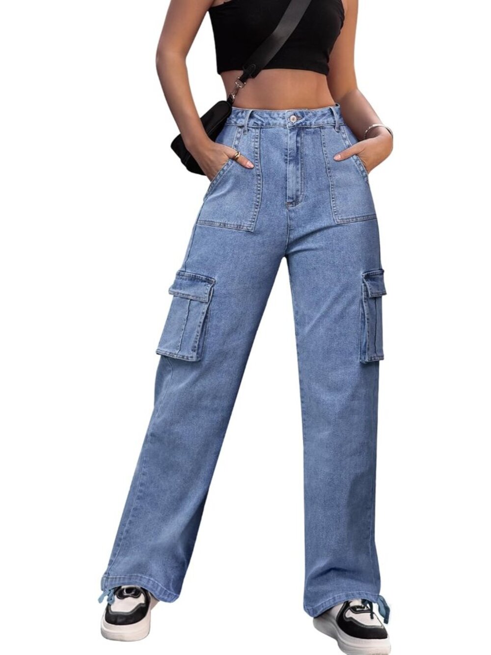 Women's Blue Combat Military 6 Pockets Wide Leg Casual High Waisted Cargo Pants